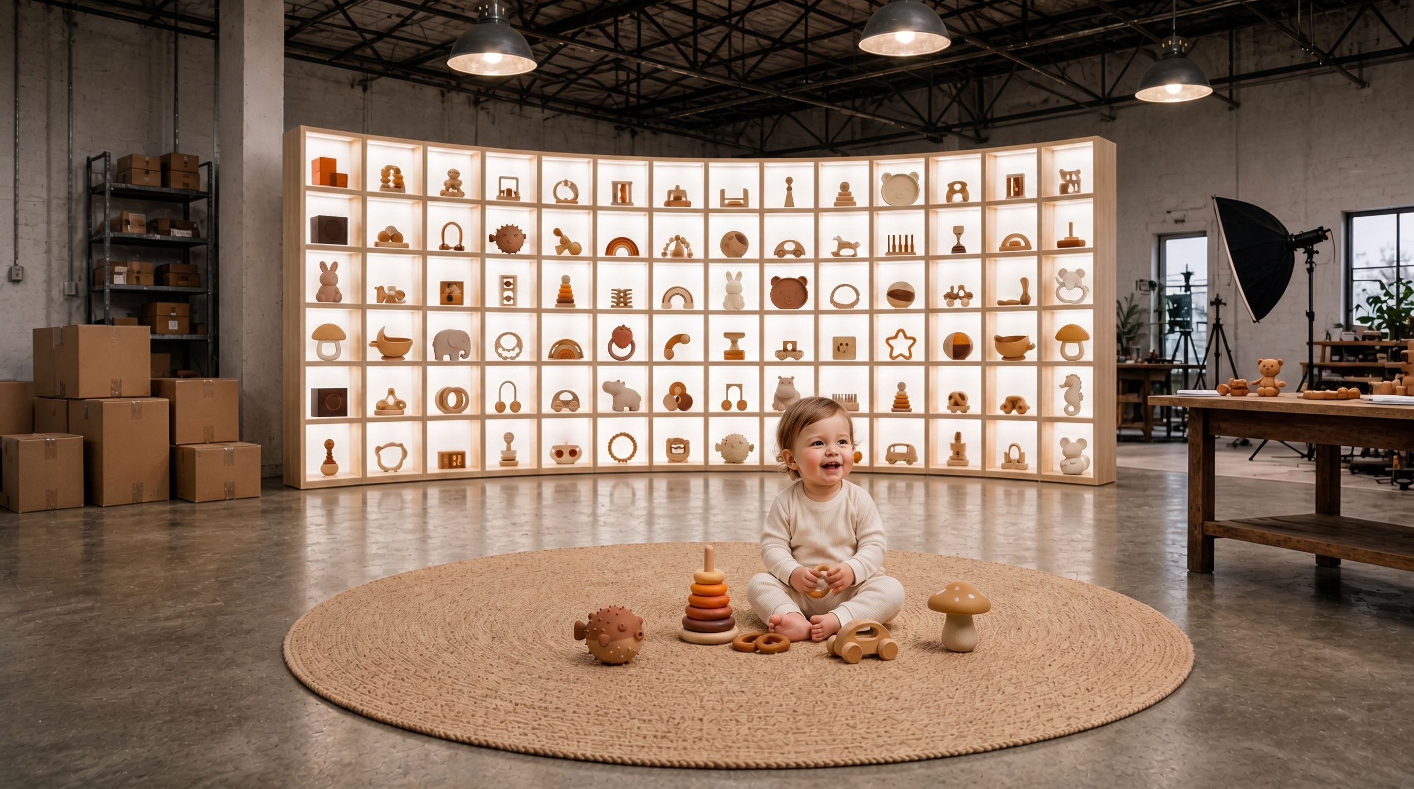 Baby Joe Joe — home page hero (showroom with curved wall of toys, toddler on round rug)